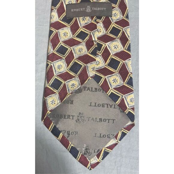 ROBERT TALBOTT Geometric Silk Tie Hand Sewn Red Yellow USA Made - Picture 6 of 9